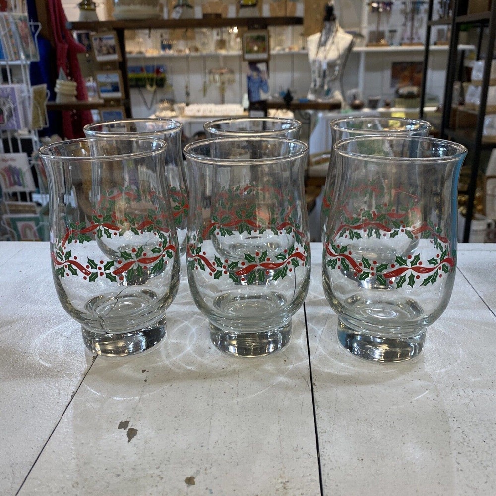 6 Vintage Christmas Glasses Holly Berry Arby's Promo Tumblers Footed Libbey